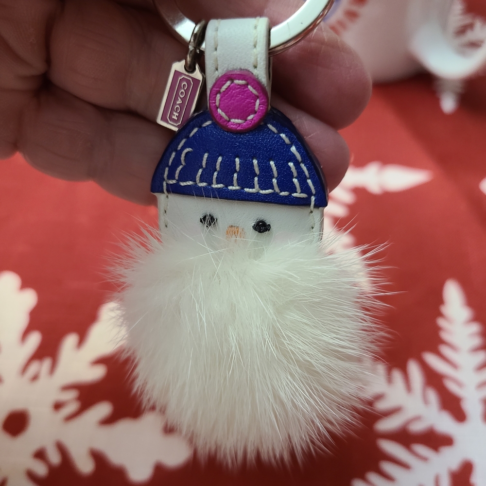 Coach White and Blue Fluffy Snowman Keychain